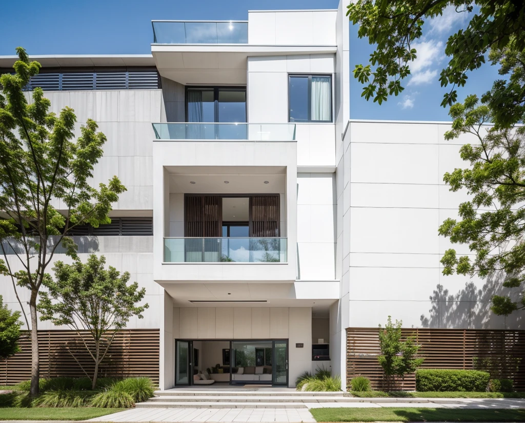 RAW photo, Exterior of two story white modern house, (road:1.3), (sidewalk:1.3), (sidewalk trees:1.3), (residences area:1.4), dawn time, overcast, fog, tropical trees and plants, (high detailed:1.2), 8k uhd, dslr, soft lighting, high quality, (sharpen:1.5)
