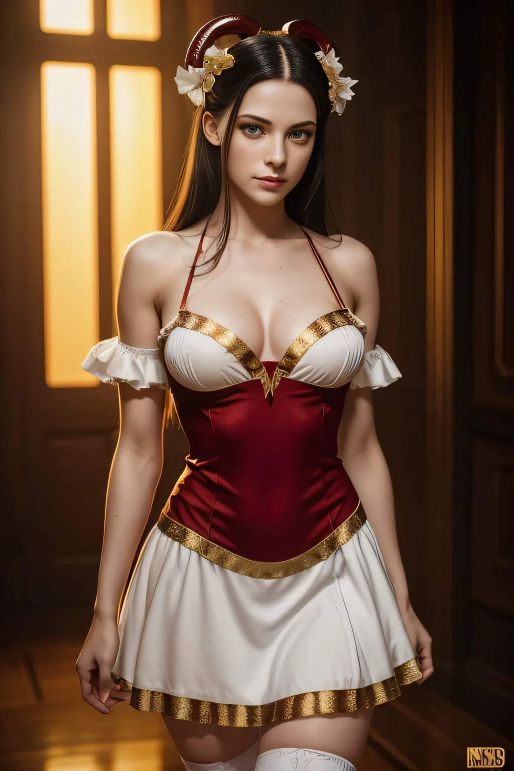 (Beautiful young female (perfect face) demon), (Alyssa Sutherland:0.3), small horns, tail, playful smile, pale skin, (skin texture:1.1), black hair, (classic French maid white outfit:1.2), wreathed in fire, (crimson and gold eyes:1.4), fit athletic body, hellscape background, (masterpiece), (photorealistic:1.4), RAW photo, best quality, high res, rich colors, backlight, bright sunlight, cinematic lighting, film grain, raw photo, 50mm lens, Nikon D850, warm colors