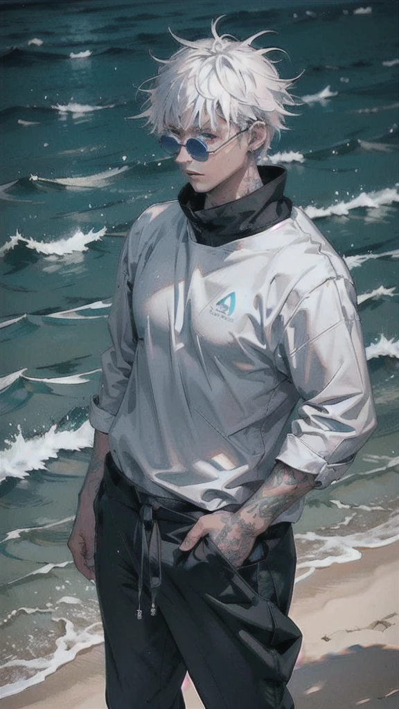 1 boy,rim light,looking_at_screen,masterpiece,best quality,solo,Gojo Satoru,highest detailed.sunglasses,Glowing eyes,white hair,Gojo Satoru, solo, on a beach at dawn, realistic style, standing confidently with arms crossed, hair tousled by the ocean breeze, intense blue eyes scanning the horizon, tattoos glowing faintly, highest quality, masterpiece,