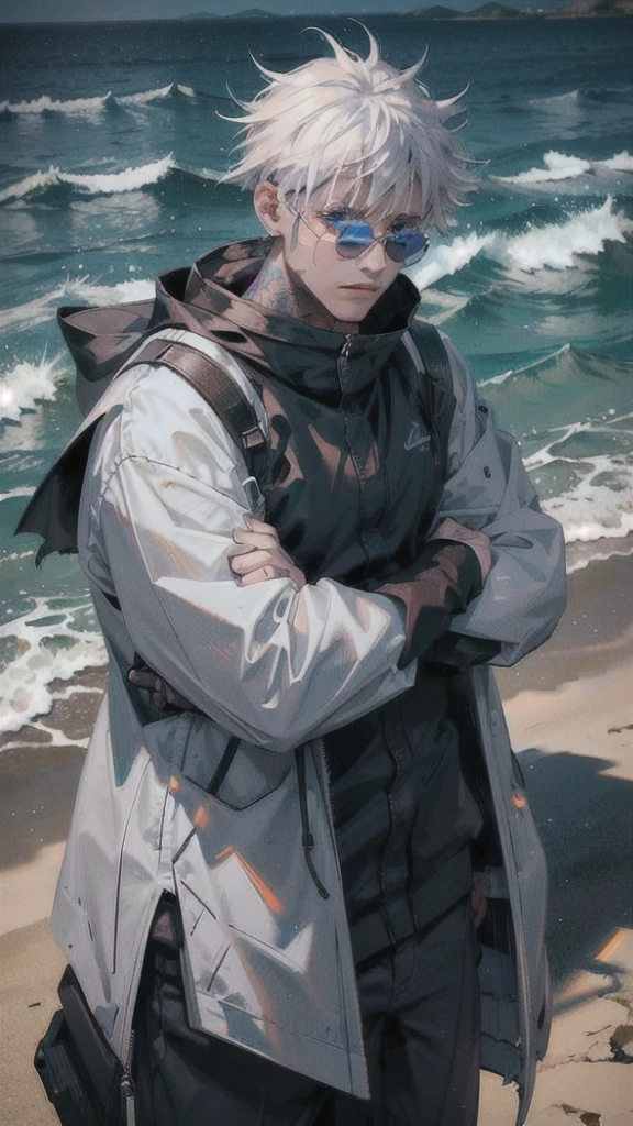 1 boy,rim light,looking_at_screen,masterpiece,best quality,solo,Gojo Satoru,highest detailed.sunglasses,Glowing eyes,white hair,Gojo Satoru, solo, on a beach at dawn, realistic style, standing confidently with arms crossed, hair tousled by the ocean breeze, intense blue eyes scanning the horizon, tattoos glowing faintly, highest quality, masterpiece,