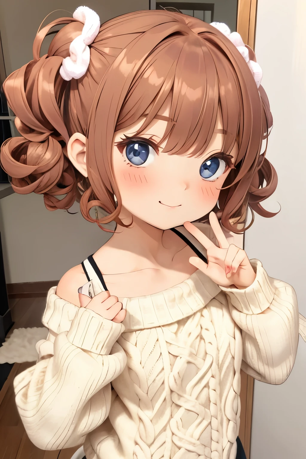 Shoulder sweater, Curly shorthair, hair scrunchie, Twin-tailed, kawaii pose、A face and pose that expresses deliciousness