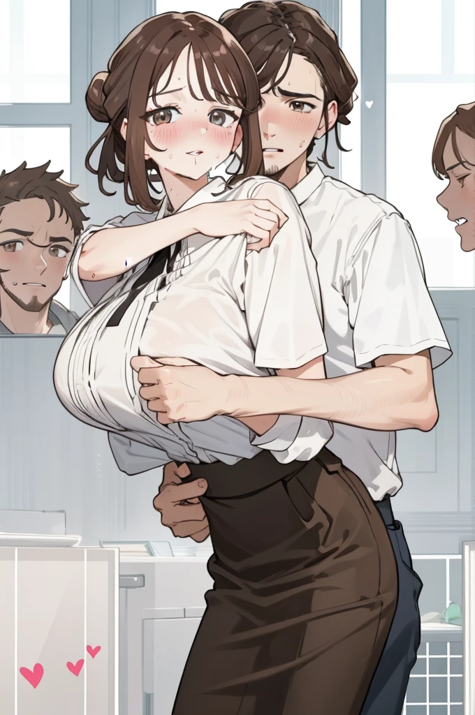 (masterpiece), (best quality), (highly detailed), (8k resolution), (best quality),huge_breasts,hair_bun,brown_hair,brown_eyes,detailed_lips,shy,ecstasy_face,blush,from front,(looking at viewer:1.3),office lady,(white buttoned shirt),skirt,(sex with guys:1.5)