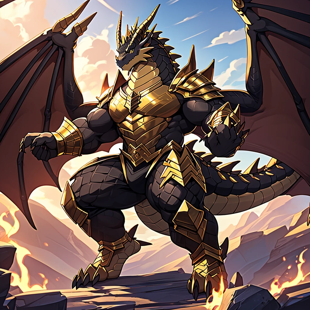 (The tyrannical and powerful Dark Gold Dragon King,Wearing modern black and gold armor and black tights,Inlaid with dark gold gemstones:200),Strong physique的龙形恶魔,(Large dragon body,Huge chest,Majestic wingspan,Sharp and huge dragon claws,Thick iron tail,Sharp dragon scales,The huge dark gold dragon king:2),Strong physique,(Dark gold scales,Very tight crotch,Mighty dragon-shaped demon:2),Dragon legs apart,Dragon wings unfold,The dragon's claws open,Excited grin,Huge mount,Overwhelming presence,Full body picture,Very detailed,4k HD