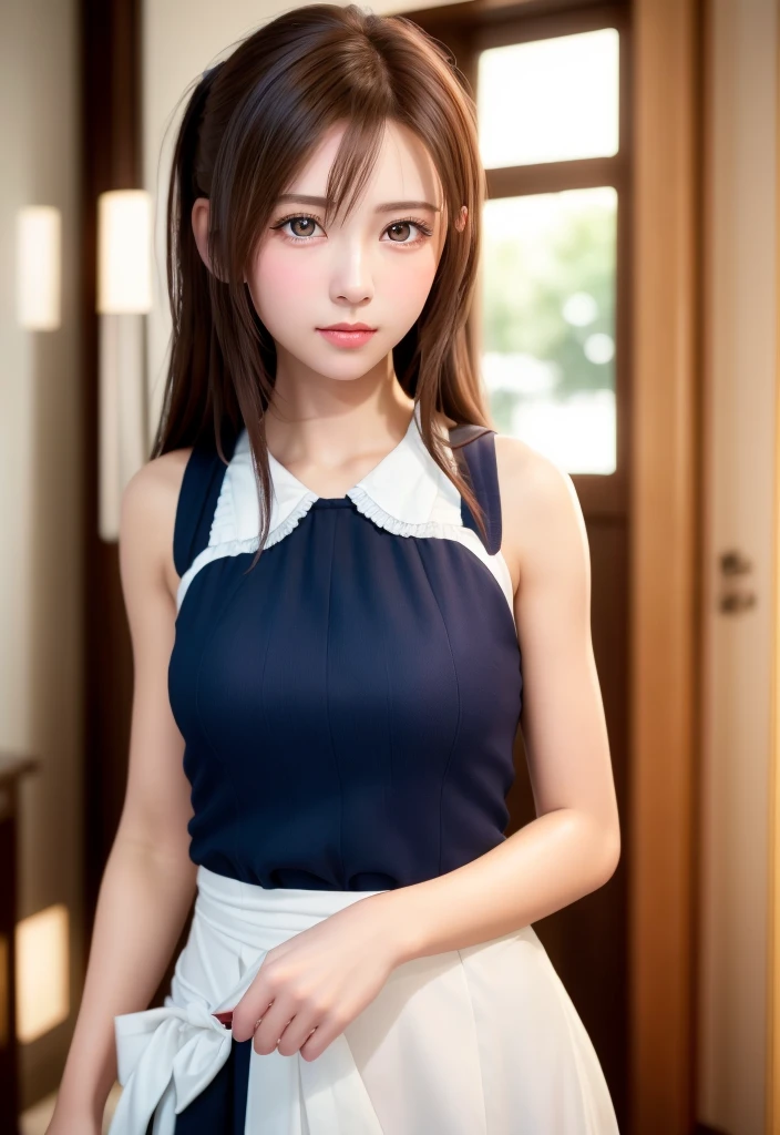 8K, of the highest quality, masutepiece:1.2), (Realistic, Photorealsitic:1.37), of the highest quality, masutepiece, Beautiful young woman, Pensive expression,、A charming、and an inviting look, Cute Maid Clothes, Hair tied back, Cinematic background, Light skin tone