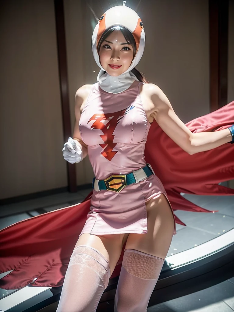 Year_Classic_Jun_Gatchaman_myself,One girl, 18-year-old,Excellent anatomy, masterpiece, Highest quality,Realistic, hyperRealistic, 16k hdr,
Long Hair,chest,Green Eyes,lips,large chest,lipstick,compensate,gloves,Cape,Helmet,belt,elbow gloves,white gloves,mask,Ultra mini skirt,leotard,Spacesuit,White legwear,Pink Dress,Superhero,Bodysuits,chestの谷間,Erect nipples,(Fighting Pose,Kick:1.3),From below,(Spread your legs:1.1),Camel Toe,Sweat,smile,Spaceship,Nipples are visible through the
