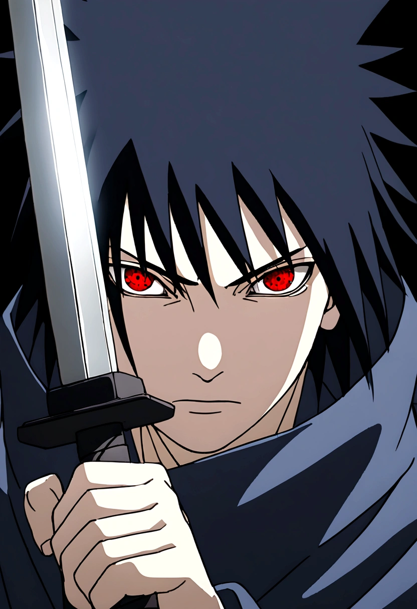 sasuke uchiha, lighting in hand, chicory, upper body, sharingan in eyes, ready to fight, sword, hight quality, red eyes, no background