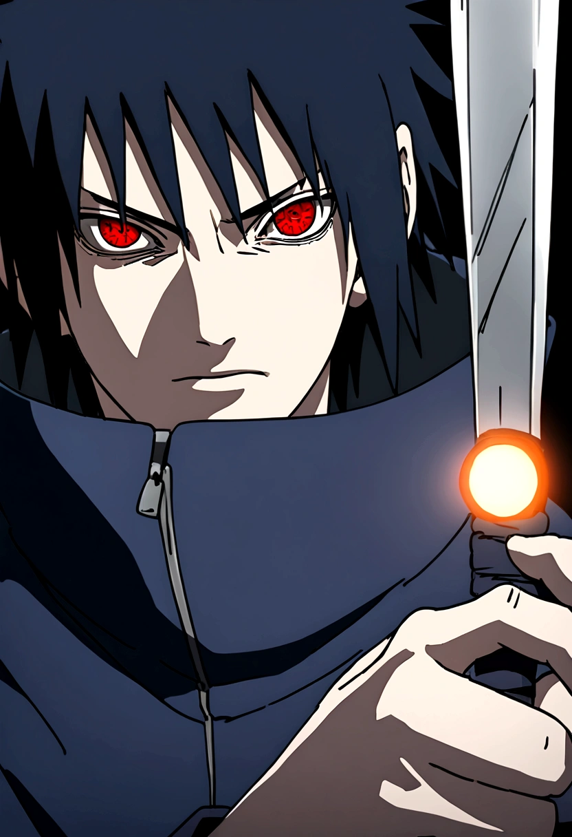 sasuke uchiha, lighting in hand, chicory, upper body, sharingan in eyes, ready to fight, sword, hight quality, red eyes, no background