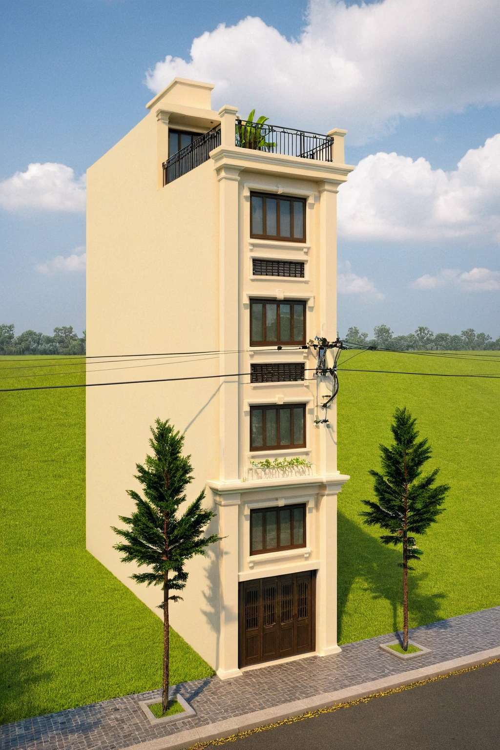 Raw photo,Masterpiece, high quality, best quality, authentic, super detail,
exterior, outdoors, house style indochine on the street ,aiaigroup
road,pavement, grass, trees, sky, cloud, (day:1.1), vivid colour,