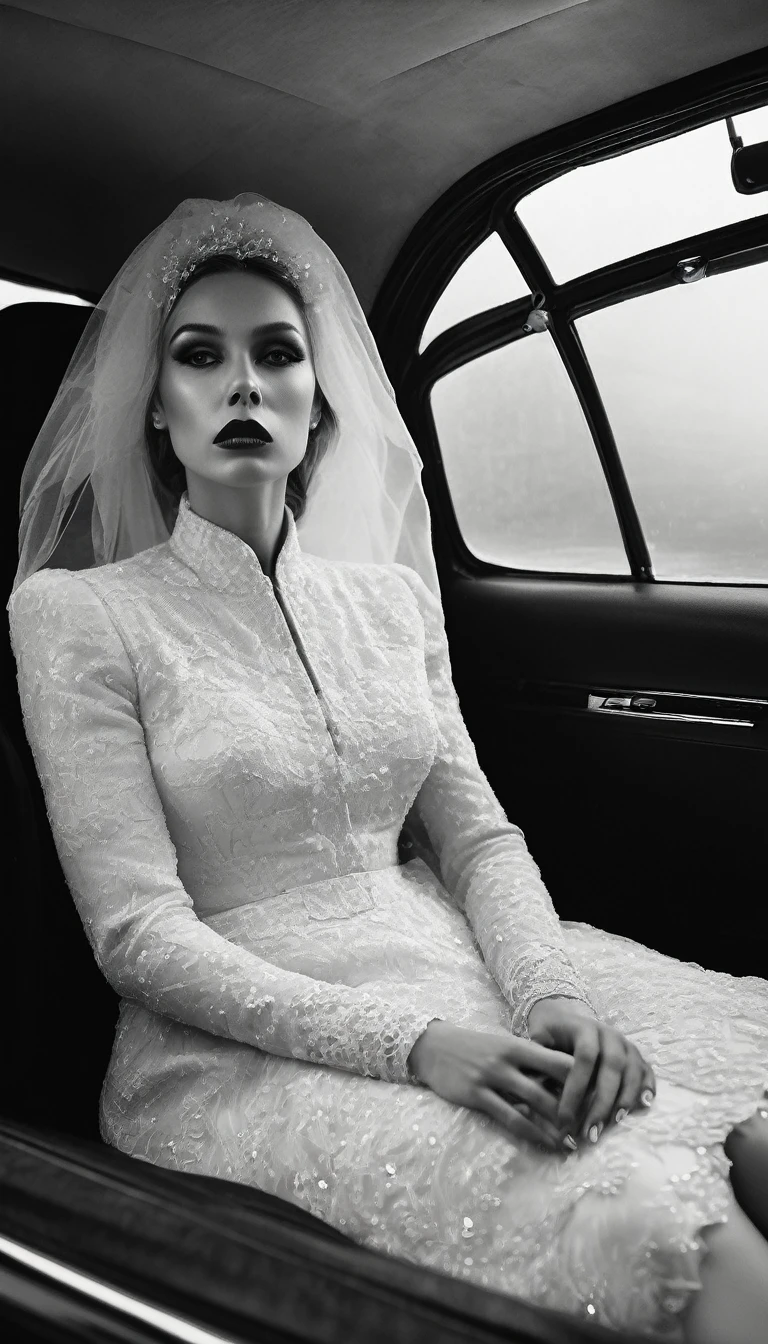 La Dame Blanche, assise sur la place passagère dans une voiture, qui regarde l'objectif, un regard inquiet et terrifiant, nuit sombre et brouillard, terrifiant