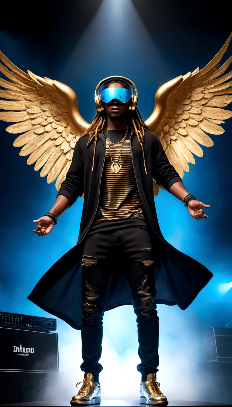 realistic image style , image with the musical stage suspended in the air, viewed from the top, with greater depth.a blue ray in the sky illuminates the fog, a masculine man DJ, (skin color style) (black clothing style, cosmic blues, golden, bright and tight stripes) ,(Braided rasta hair style) ,body view style,stands behind a swinging electronic soundboard, public in dynamic standing pose, com uma mão ajustando os fones de ouvido e a outra on the soundboard. toned The figure must be in a pose , com uma mão ajustando os fones de ouvido e a outra on the soundboard. The sculpture must have the following characteristics: on the soundboard.whole full shot Headphones,🎚️ ,(background appears an image shows a central figure.highlight the carved figure the guardian angel with black wings, dressed in a black sweatshirt with the logo "gp" and ripped black pants. She wears a sliced blue and gold blindfold, In the eyes, symbolizing blindness or impartiality. In one hand, she holds an ancient scales of justice, e na outra, a sword, reinforcing the iconography of Justice, often represented with these attributes.The figure is in a powerful and determined pose, with his wings open and a serious expression, even if your eyes are covered. is neutral, with shades of gray that contrast with the black of the clothes and wings, highlighting and adding depth to the detailed and bright image. image but with depth seen from above (realistic image style cinematográfica,16k ultra hd high quality detailed perfect beautiful beauty,)