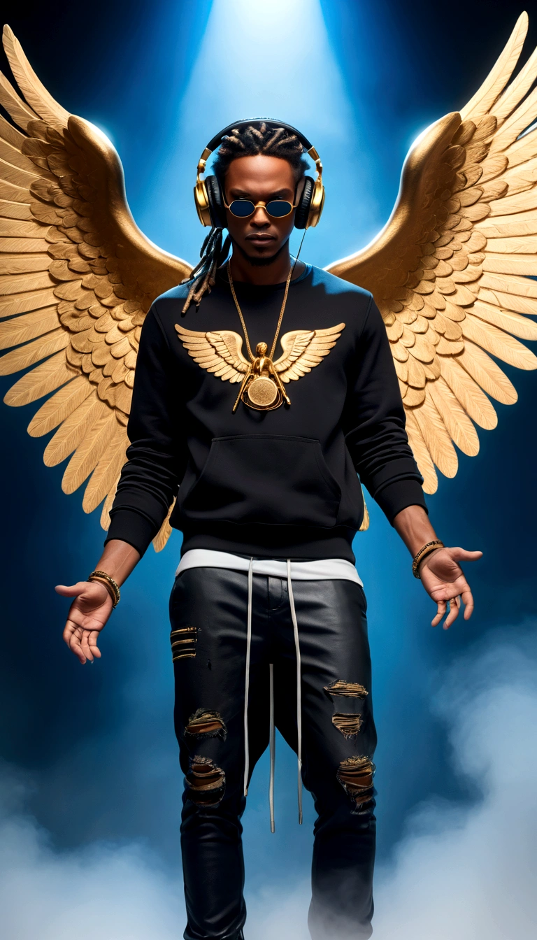 realistic image style , image with the musical stage suspended in the air, viewed from the top, with greater depth.a blue ray in the sky illuminates the fog, a masculine man DJ, (skin color style) (black clothing style, cosmic blues, golden, bright and tight stripes) ,(Braided rasta hair style) ,body view style,stands behind a swinging electronic soundboard, public in dynamic standing pose, com uma mão ajustando os fones de ouvido e a outra on the soundboard. toned The figure must be in a pose , com uma mão ajustando os fones de ouvido e a outra on the soundboard. The sculpture must have the following characteristics: on the soundboard.whole full shot Headphones,🎚️ ,(background appears an image shows a central figure.highlight the carved figure the guardian angel with black wings, dressed in a black sweatshirt with the logo "gp" and ripped black pants. She wears a sliced blue and gold blindfold, In the eyes, symbolizing blindness or impartiality. In one hand, she holds an ancient scales of justice, e na outra, a sword, reinforcing the iconography of Justice, often represented with these attributes.The figure is in a powerful and determined pose, with his wings open and a serious expression, even if your eyes are covered. is neutral, with shades of gray that contrast with the black of the clothes and wings, highlighting and adding depth to the detailed and bright image. image but with depth seen from above (realistic image style cinematográfica,16k ultra hd high quality detailed perfect beautiful beauty,)