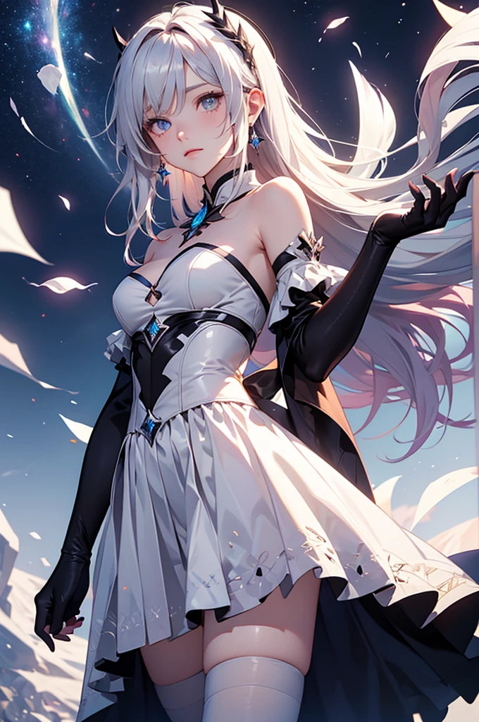 (masterpiece:1.5, Highest quality, Very detailed、 Dutch Angle、Realistic、Fantasy)(One girl, alone)(White and beautiful hair:1.4,,Straight Long Hair)(White based dress, zettai ryouiki)、((medium breasts))(from side)(Beautiful starry sky、Mystical Night、Particles of light float around the woman、Fantasyな空間)Kiana Kaslana