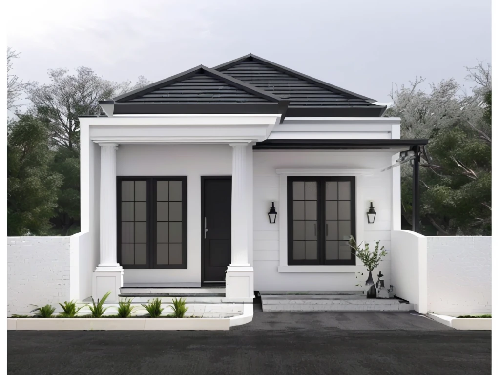 a rendering of a small white house with a black roof, all white render, front perspective, black and white scheme, one house, overall architectural design, realistic concept, in style of ultra realistic, 3/4 front view, render amazing, with 3 d render, with 3d render, high quality rendering, very symmetrical, 3/4 view realistic