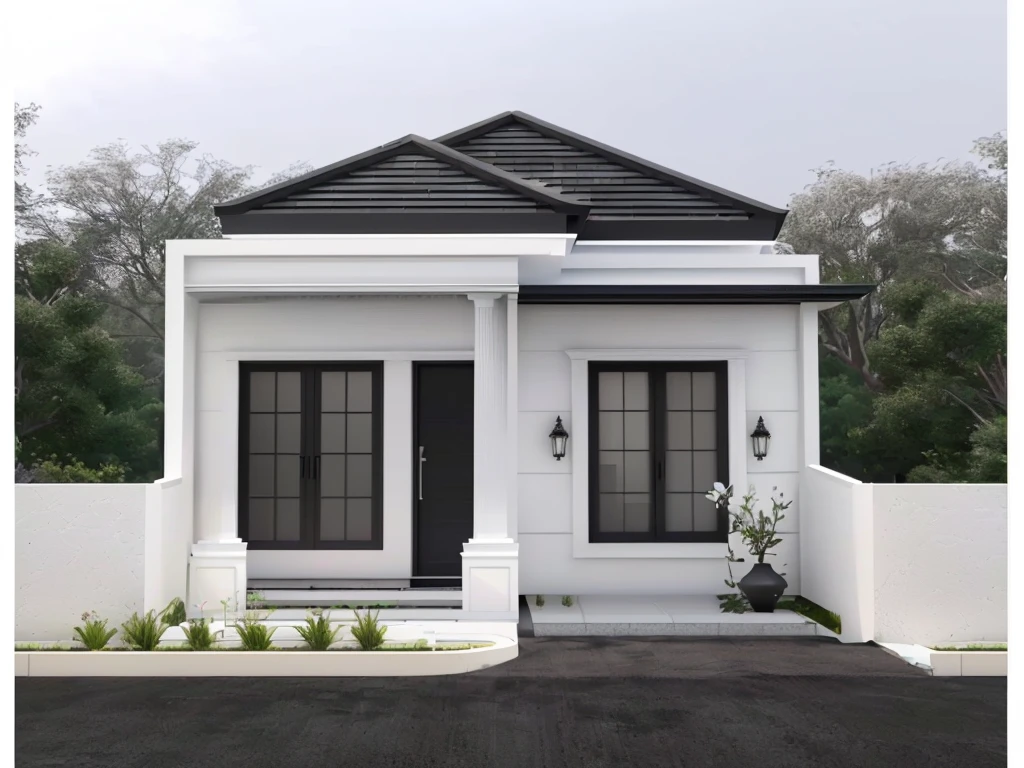 a rendering of a small white house with a black roof, all white render, front perspective, black and white scheme, one house, overall architectural design, realistic concept, in style of ultra realistic, 3/4 front view, render amazing, with 3 d render, with 3d render, high quality rendering, very symmetrical, 3/4 view realistic