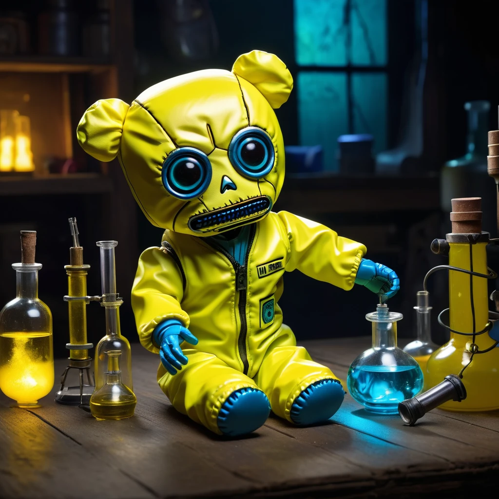 (voodoo doll toy:1.7), (voodoo Walter White:1.2), (from Breaking Bad:1.3), (Clothing: iconic yellow hazmat suit with black gloves:1.0), (Accessories: enchanted blue crystal emitting a cold glow, floating chemical flasks:1.1), (Background: dark meth lab with industrial equipment, flickering fluorescent lights and a tense, dramatic atmosphere:1.2), best quality, masterpiece, detailed soft oil painting, detailed background, dramatic cinematic lighting, soft edge lighting, professional, dramatic lighting, hard edge lighting, ultra quality, 4k,masterpiece, best quality, 8k, ultra highres, highres, extremely detailed
