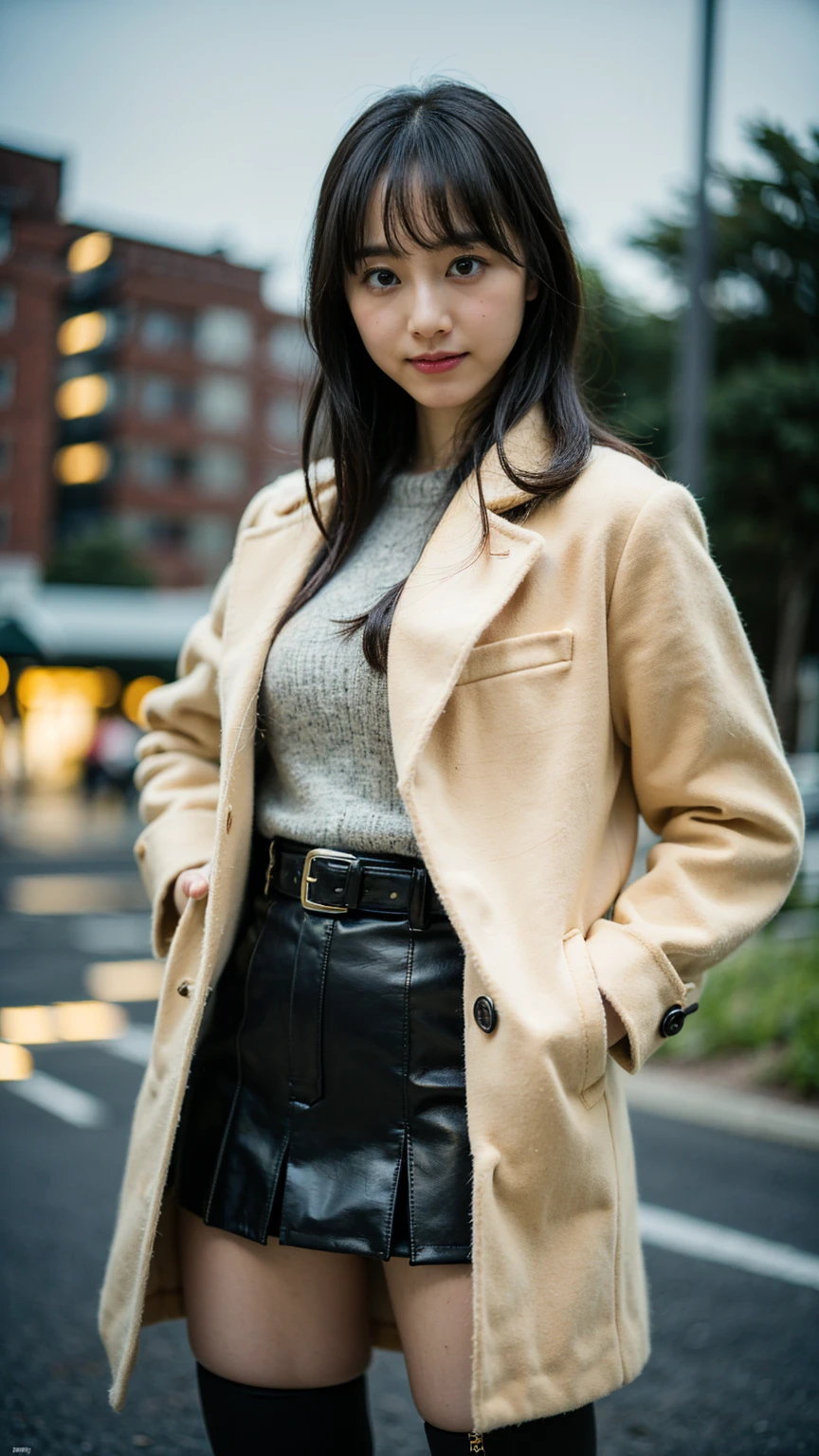 (8K、RAW Photos、Highest quality、masterpiece:1.2)、(Realistic、Realistic)、1 Girl、((Check mini skirt、smile、Long coat、Medium Hair、black、Thin legs、whole body、boots、blackいコート、one piece、tights、Night Park、View from the front、Looking into the camera、belt、Stand with hands on hips))、cute