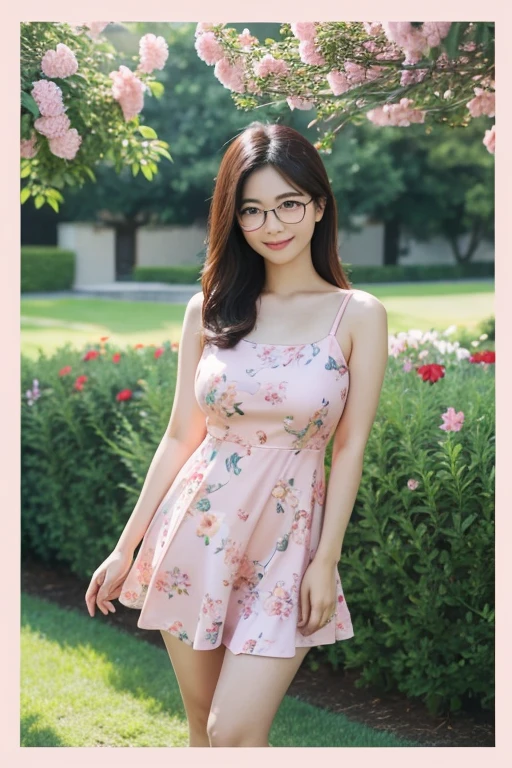 A beautiful Asian girl with glasses wearing short pink dress, reposing on grass in a flower garden, smirking, showcasing medium size breasts and thighs.