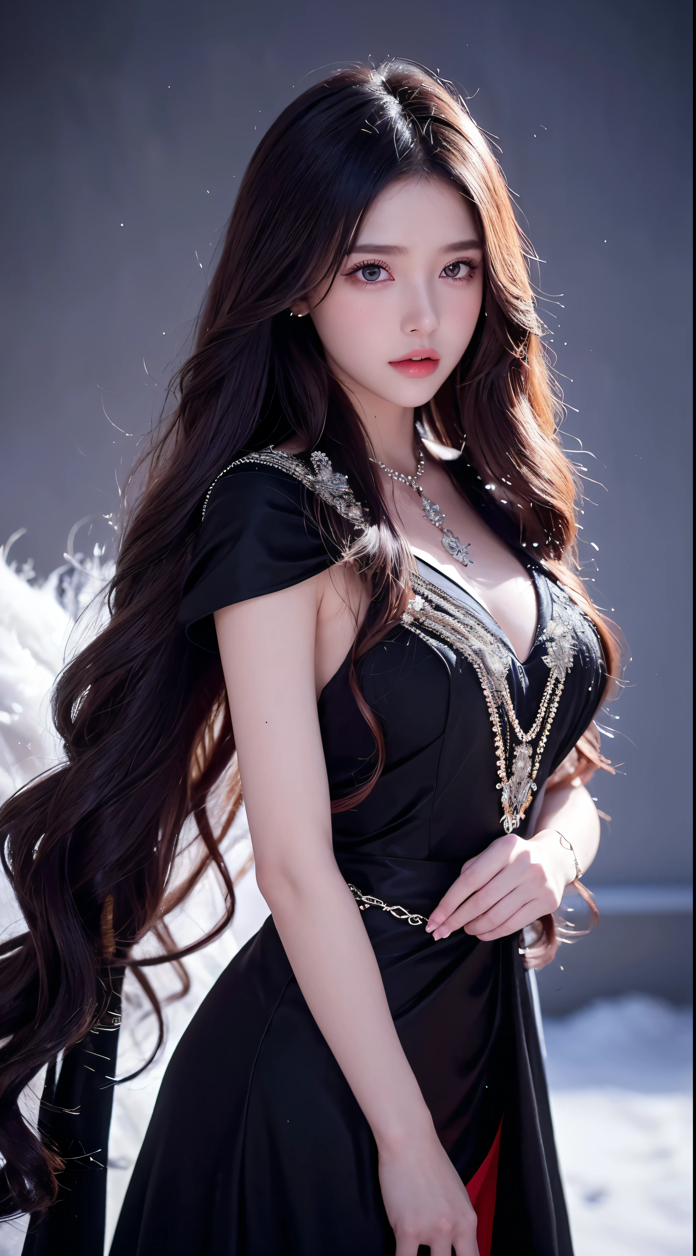 with high definition imageasterpiece、Highest quality:1.2),1 girl、Upper Body、tail、Big tail、Long chestnut hair、Wavy Hair、greyの目、Detailed eyeulticolored Hair、Circlet、Beaded Necklaces、White Cape、Red dress、grey、snow、Volumetric lighting、Cinematic lighting、Chiaroscuro、