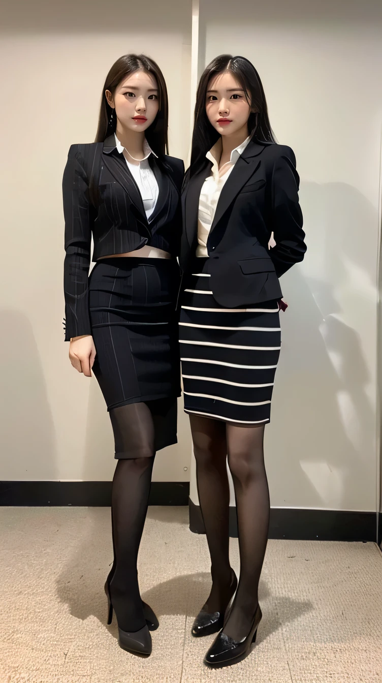 Tabletop,high quality,16K:1.1),( ,((Front body:1.35)), ,Two women standing side by side, ((suit, Black vertical striped pencil skirt )), tights,,(View your audience:1.3),(Full Body Shot:1.2),,The background is the office