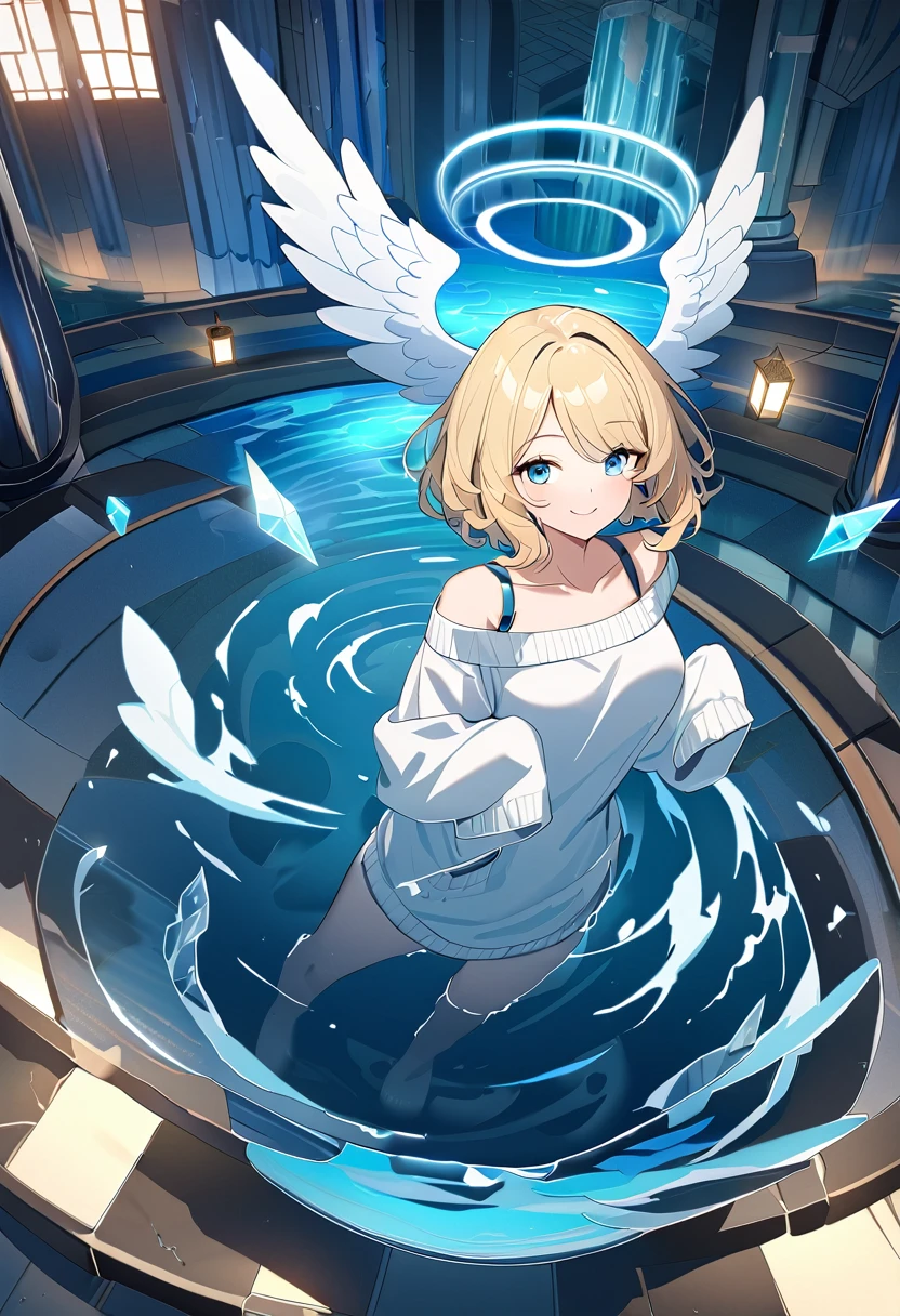 ((angel, big big white wings:1.3, halo:1.3)), (((full body))), ((flying)), Uriel, oversized clothes, puffy long sleeves, collarbone, ((off-shoulder sweater dress:1.3, Quite thick shoulder straps)), (((sleeves past wrists:1.3))), ((white sweater)), ((wavy hair, outward curled hair)), (water temple, crystal clear water:1.3), (crystal, reflective, glowing, waterlogged floor, fountain:1.5), (waterfall), (crystal textured interior), (water ripples:1.3), (clear blue crystal pillars:1.2), (geyser, indoor), (ice floor, ice wall:1.2), (light blue glowing:1.3), ((blond hair, bob cut:1.3)), breasts, teenager, (looking at viewer), collarbone, head tilt:1.3, (((blue eyes))), ((happy smile)), (((anime style))), (best quality, 4K, 8K, highres, masterpiece:1.2, ultra-detailed, ultra-detailed eyes, HDR, uhd, studio lighting, ultra-fine painting, sharp focus, physically-based rendering, extreme detail description, professional, vivid colors, bokeh), ((Highest quality, Best image quality, Ultra-high resolution, Ultra-high resolution, solo, Strong eye highlights)), Depth of written boundary, Natural soft light, attractive, Beautiful Face, Cleanliness, Pure Face, medium chest, Beautiful Face, Perfect Fingers, Perfect hands, Perfect body, Perfect Face, Shine a light into your eyes, Perfect Anatomy