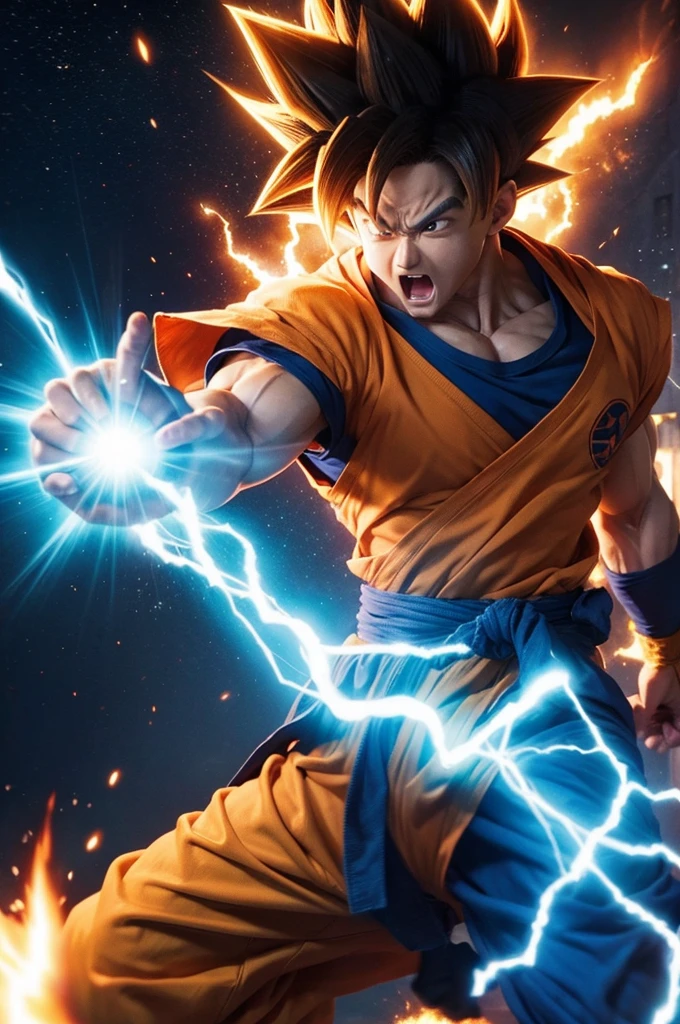 Goku in realistic version preparing a Kamehameha blow transformed into Super Saiyan Blue