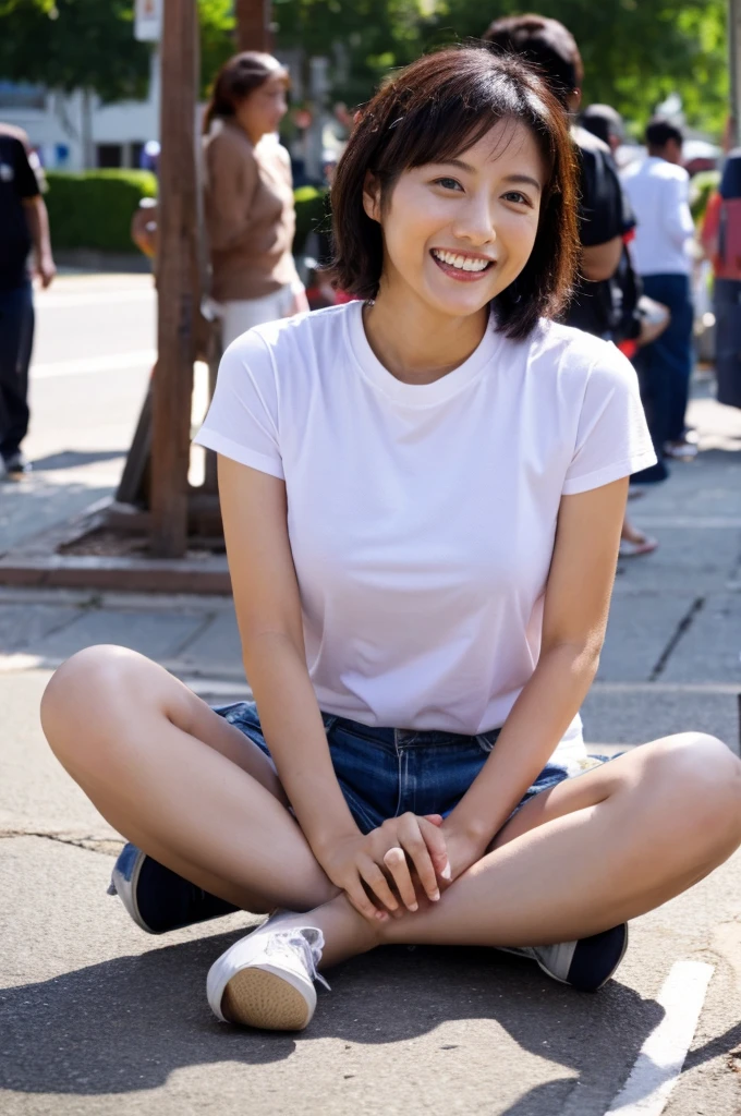 48 years old D cup saggy breasts woman A kind smile Big eyes Front teeth Japanese classmate High resolution, Highest quality, super high quality, Ultra-detailed, Cinematic lighting、On the street、Sweaty、Sweat、Black-haired、Idol girl singing on the bandstand、Big smile、sunny day、Spread your legs、Spread your legs、sunny day、Full nudity、huge 、Nipples、Browsing Caution、punk