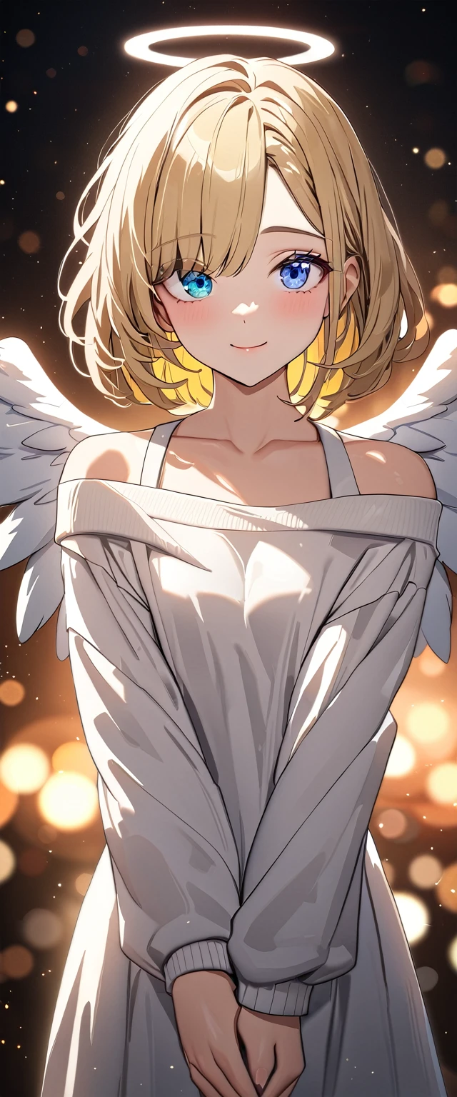 ((angel, big big white wings:1.3, halo:1.3)), (((upper body))), ((flying)), archangel Uriel, ((wavy hair, outward curled hair)), evening, Sunset, ((blond hair, bob cut:1.3)), breasts, ager, (looking at viewer), oversized clothes, puffy long sleeves, collarbone, ((off-shoulder sweater dress:1.3, Quite thick shoulder straps)), (((sleeves past wrists:1.3))), ((white sweater)), collarbone, head tilt:1.3, (((blue eyes))), ((happy smile)), (((anime style))), (best quality, 4K, 8K, highres, masterpiece:1.2, ultra-detailed, ultra-detailed eyes, HDR, uhd, studio lighting, ultra-fine painting, sharp focus, physically-based rendering, extreme detail description, professional, vivid colors, bokeh), ((Highest quality, Best image quality, Ultra-high resolution, Ultra-high resolution, solo, Strong eye highlights)), Depth of written boundary, Natural soft light, attractive, Beautiful Face, Cleanliness, Pure Face, medium chest, Beautiful Face, Perfect Fingers, Perfect hands, Perfect body, Perfect Face, Shine a light into your eyes, Perfect Anatomy