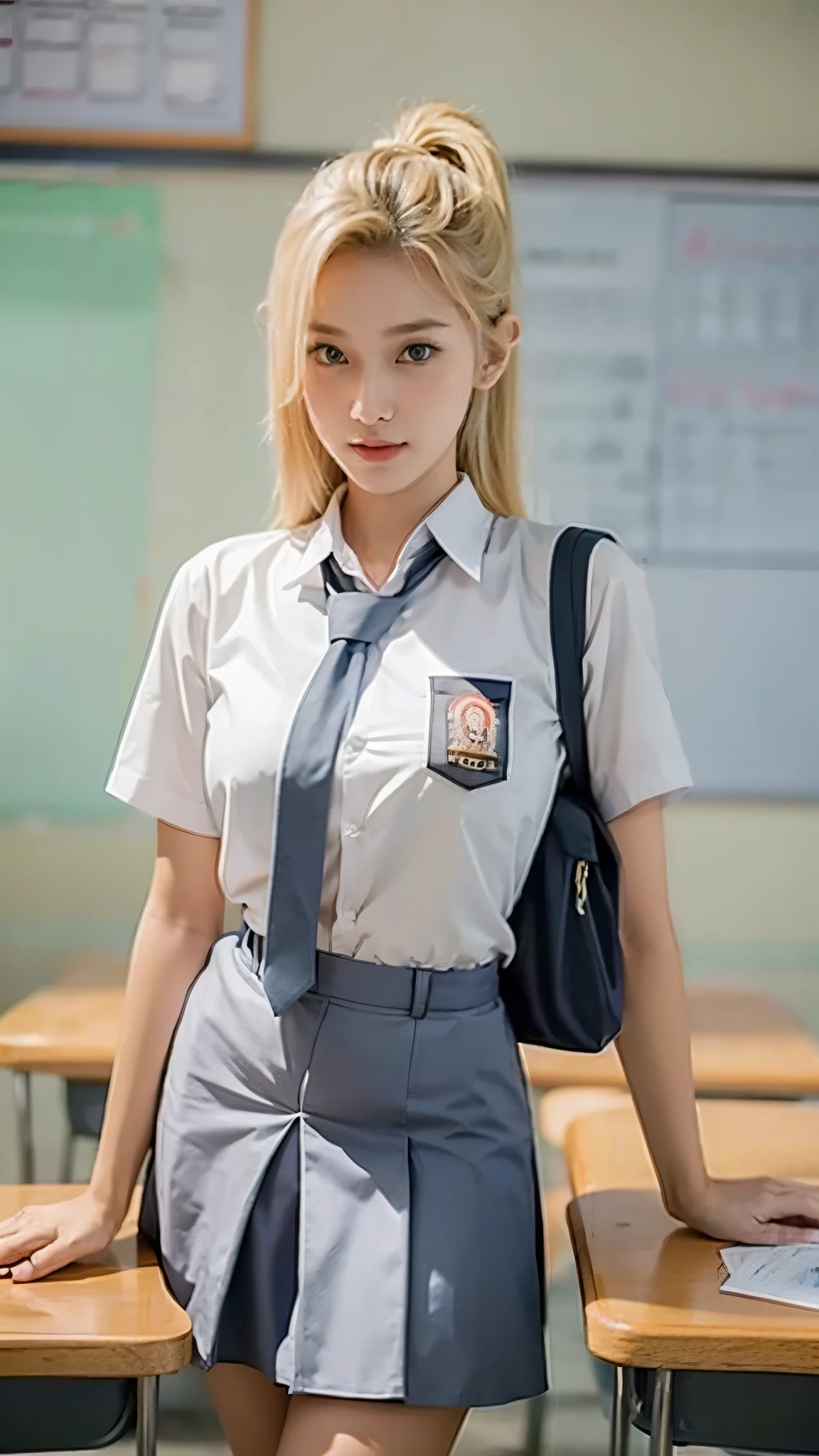 (pp clothes), (realistic), Yamanaka Ino, wearing a white Indonesian high school shirt, with a short gray skirt, wearing an Indonesian school tie, portrait of a cute school girl model, half body portrait, begroun in a school classroom, explain the details , beautiful face, blonde hair color, glowing white face, hijab colored pupils, teenager, body standing straight, situation pose in class, looking at the audience, RAW, Best quality, high resolution, work: 1.3), Young girl, displayed realistically, beautiful, posing facing the audience's camera, showing perfect facial details, friendly expression with a thin smile, in class, ((Indonesian middle school high school clothes)), clear short photo, high resolution, 4k, HDR, DSLR, 1girl , photorealistic, realistic, big breasts, ((half body)) facing towards the viewer, close up, classroom,anime characters, to real life, turn anime pictures into realistic photos. Get high-quality, photorealistic results from a truly detailed perspective. Perfect portrait, realistic, high quality, super detailed display, HDR, 8k
