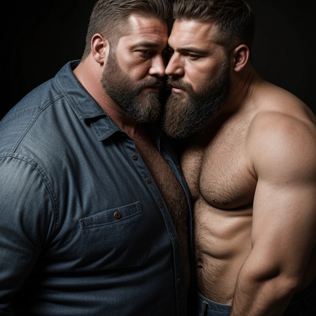 "8KUHD Create a professional studio-style photograph featuring two middle-aged, burly, hairy, beared big daddy bear,  and rugged man and his husband in lumberjack outfit. beards, very realistic hair, very realistic beards, very realistic thick neck, very realistic neck lines, very realistic mens clothing, very realistic detailed mens clothing. A man and his husband are kissing each other, realistically kissing each other, in a romantic and virile scene. Utilize all appropriate lighting techniques for studio photography. The background should be black." No Deformities, HDR