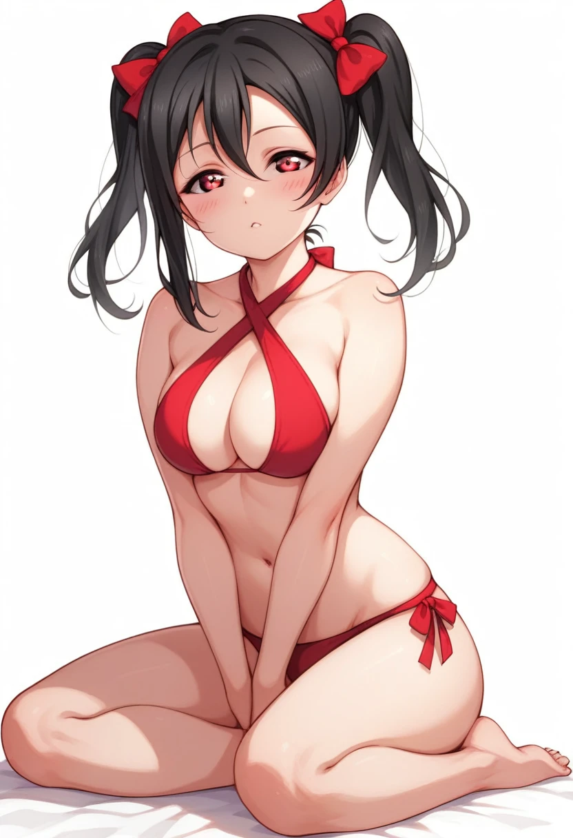 yazawa nico,love live,highres ,:/ ,barefoot ,black hair ,blush ,breasts ,criss-cross halter ,full body ,hair between eyes ,half-closed eyes ,hand between legs ,head tilt,looking at viewer ,pretzel bikini ,red bikini ,red bow ,red eyes,side-tie bikini bottom ,sitting ,solo ,twintails ,v arms,white background 