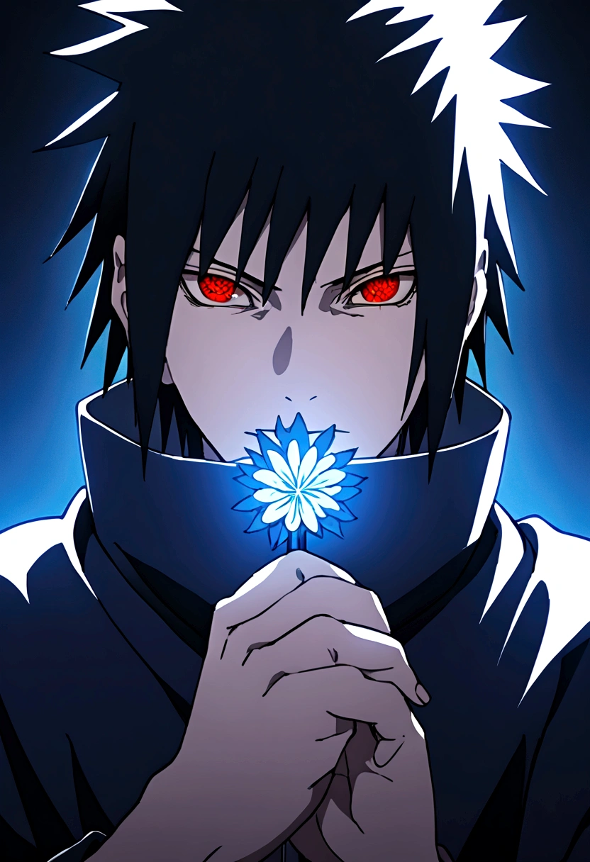 sasuke uchiha, blue lighting in hand, chicory, upper body, sharingan in eyes, ready to fight, hight quality, red eyes,