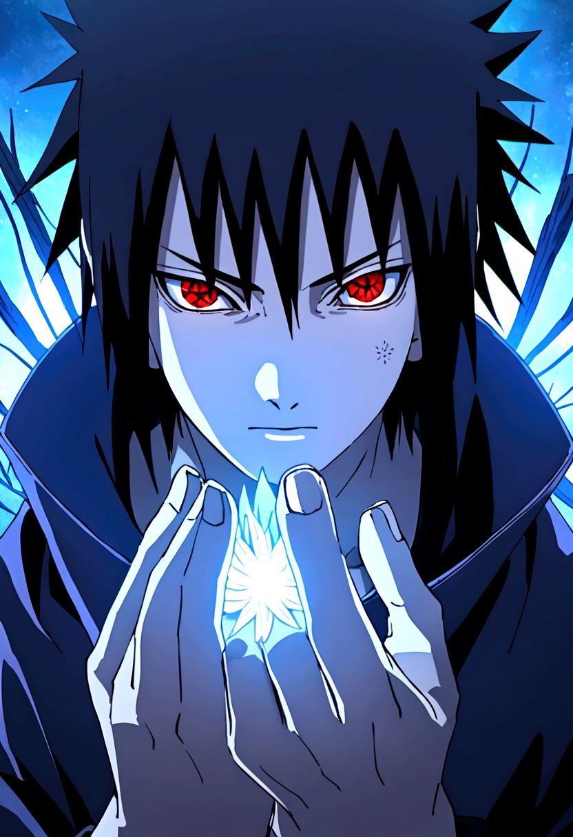 sasuke uchiha, blue lighting in hand, chicory, upper body, sharingan in eyes, ready to fight, hight quality, red eyes,