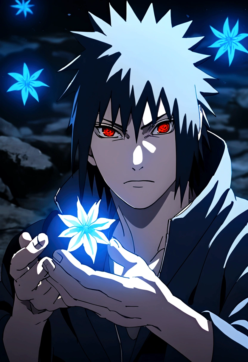 sasuke uchiha, blue lighting in hand, chicory, upper body, sharingan in eyes, ready to fight, hight quality, red eyes,