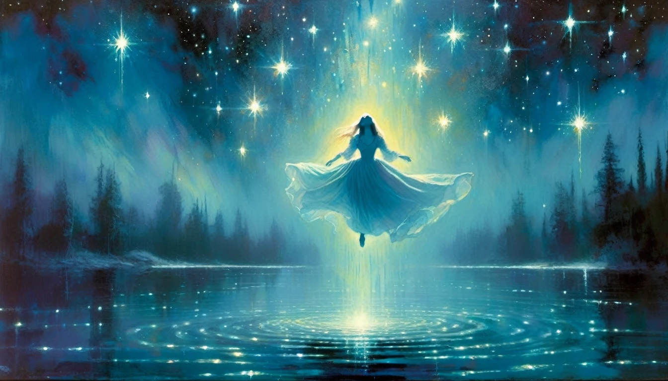 ghostly girl, levitates over the water of a lake, beautiful, medieval appearance, night, stars, milky way, horror tones (art inspired in Bill Sienkiewicz). oil painting) 