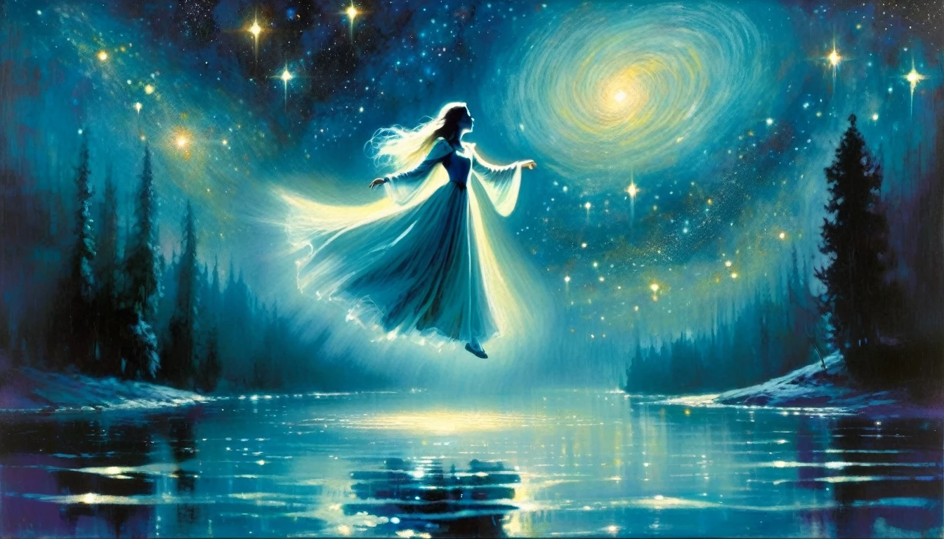 ghostly girl, levitates over the water of a lake, beautiful, medieval appearance, night, stars, milky way, horror tones (art inspired in Bill Sienkiewicz). oil painting) 