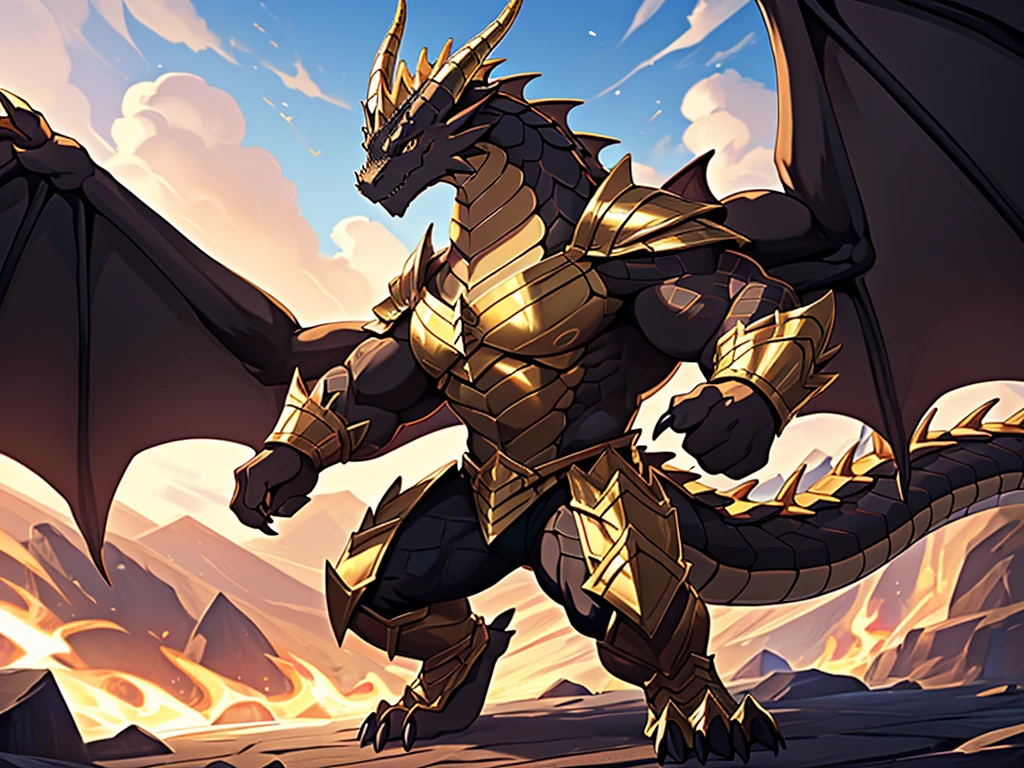 (The tyrannical and powerful Dark Gold Dragon King,Wearing modern black and gold armor and black tights,Inlaid with dark gold gemstones:200),Strong physique的龙形恶魔,(Large dragon body,Huge chest,Majestic wingspan,Sharp and huge dragon claws,Thick iron tail,Sharp dragon scales,The huge dark gold dragon king:2),Strong physique,(Dark gold scales,Very tight crotch,Mighty dragon-shaped demon:2),Dragon legs apart,Dragon wings unfold,The dragon's claws open,Excited grin,Huge mount,Overwhelming presence,Full body picture,Very detailed,4k HD