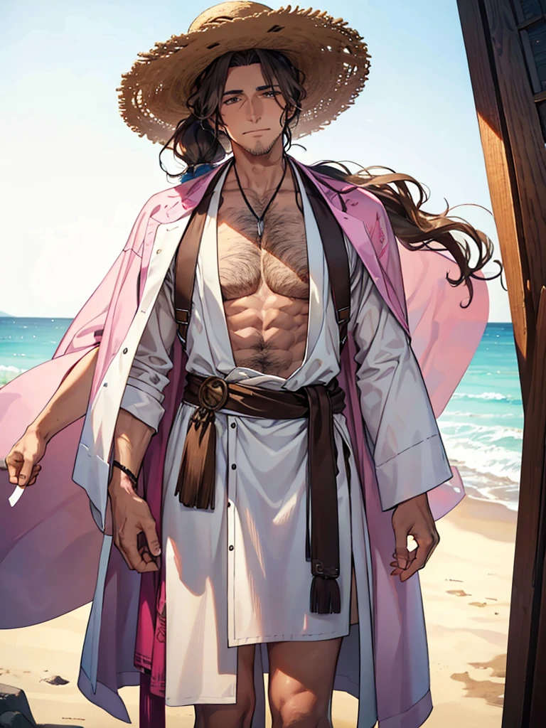 tall man with gray eyes and wavy brown hair, which he puts into a long ponytail, leaving one strand hanging down the left side of the face. He has a hairy chest, arms and legs. He wears a straw hat and pink, ladies&#39; flower embellished kimono, draped over the shoulders directly over the captain&#39;s haori. Although his kimono and embellished belt are cheap, his hairpins with red flowers are very expensive. He doesn&#39;t wear a tabi (socks) under sandals. He has short stubble around his mouth and cheeks. A hundred years before Aizen&#39;s betrayal, Shunsui had a short mustache above his upper lip.. Then he wore another lady&#39;s kimono, although very similar. After the battle with Wandenreich, Shunsui began wearing an eyepatch over his right eye., which was damaged during the battle. The top of his right ear was also cut off, and a scar appeared on his temple. Shunsui had shorter, unkempt hair as a .. He wore a patterned kimono
