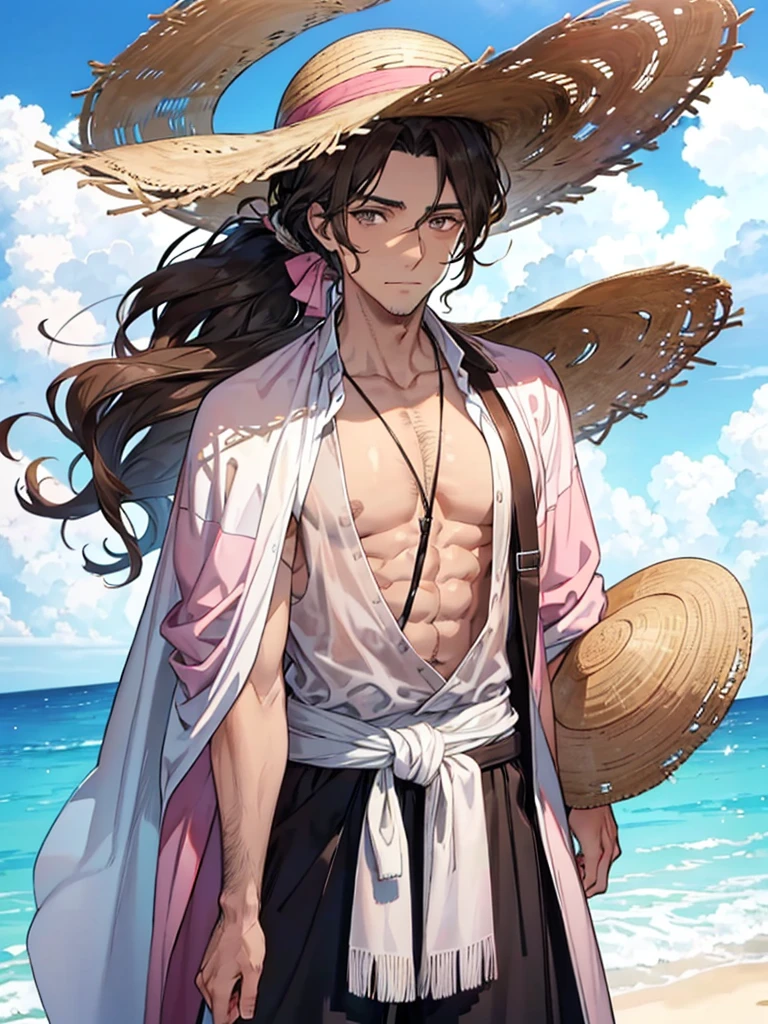 tall man with gray eyes and wavy brown hair, which he puts into a long ponytail, leaving one strand hanging down the left side of the face. He has a hairy chest, arms and legs. He wears a straw hat and pink, ladies&#39; flower embellished kimono, draped over the shoulders directly over the captain&#39;s haori. Although his kimono and embellished belt are cheap, his hairpins with red flowers are very expensive. He doesn&#39;t wear a tabi (socks) under sandals. He has short stubble around his mouth and cheeks. A hundred years before Aizen&#39;s betrayal, Shunsui had a short mustache above his upper lip.. Then he wore another lady&#39;s kimono, although very similar. After the battle with Wandenreich, Shunsui began wearing an eyepatch over his right eye., which was damaged during the battle. The top of his right ear was also cut off, and a scar appeared on his temple. Shunsui had shorter, unkempt hair as a .. He wore a patterned kimono
