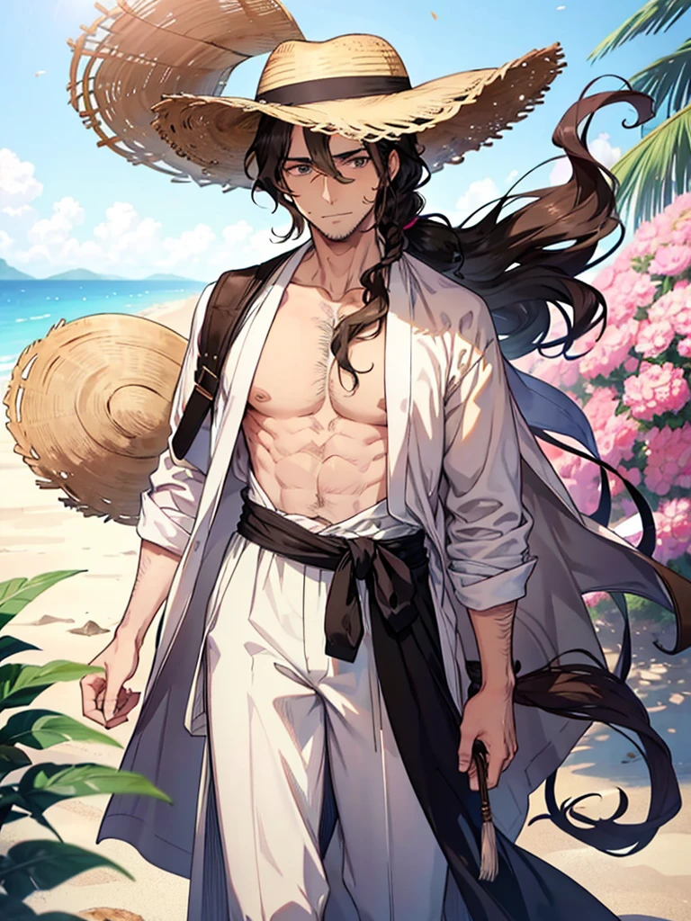 tall man with gray eyes and wavy brown hair, which he puts into a long ponytail, leaving one strand hanging down the left side of the face. He has a hairy chest, arms and legs. He wears a straw hat and pink, ladies&#39; flower embellished kimono, draped over the shoulders directly over the captain&#39;s haori. Although his kimono and embellished belt are cheap, his hairpins with red flowers are very expensive. He doesn&#39;t wear a tabi (socks) under sandals. He has short stubble around his mouth and cheeks. A hundred years before Aizen&#39;s betrayal, Shunsui had a short mustache above his upper lip.. Then he wore another lady&#39;s kimono, although very similar. After the battle with Wandenreich, Shunsui began wearing an eyepatch over his right eye., which was damaged during the battle. The top of his right ear was also cut off, and a scar appeared on his temple. Shunsui had shorter, unkempt hair as a .. He wore a patterned kimono
