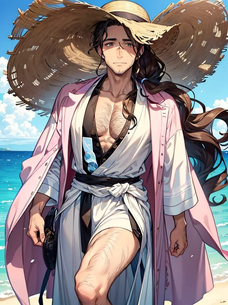 tall man with gray eyes and wavy brown hair, which he puts into a long ponytail, leaving one strand hanging down the left side of the face. He has a hairy chest, arms and legs. He wears a straw hat and pink, ladies&#39; flower embellished kimono, draped over the shoulders directly over the captain&#39;s haori. Although his kimono and embellished belt are cheap, his hairpins with red flowers are very expensive. He doesn&#39;t wear a tabi (socks) under sandals. He has short stubble around his mouth and cheeks. A hundred years before Aizen&#39;s betrayal, Shunsui had a short mustache above his upper lip.. Then he wore another lady&#39;s kimono, although very similar. After the battle with Wandenreich, Shunsui began wearing an eyepatch over his right eye., which was damaged during the battle. The top of his right ear was also cut off, and a scar appeared on his temple. Shunsui had shorter, unkempt hair as a .. He wore a patterned kimono
