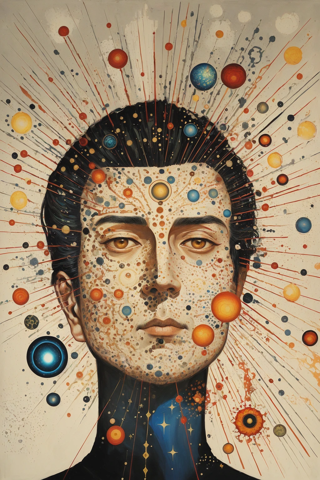 The painting shows an oriental man with many dots on his face., Portrait of a Cosmic Entity, Portrait of Alan Watts, naoto hattori, Strange portrait with galaxies, Paul Lafley, Portrait of the god of the universe,