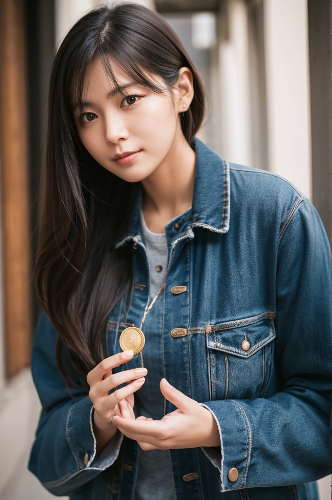 A woman holding a coin