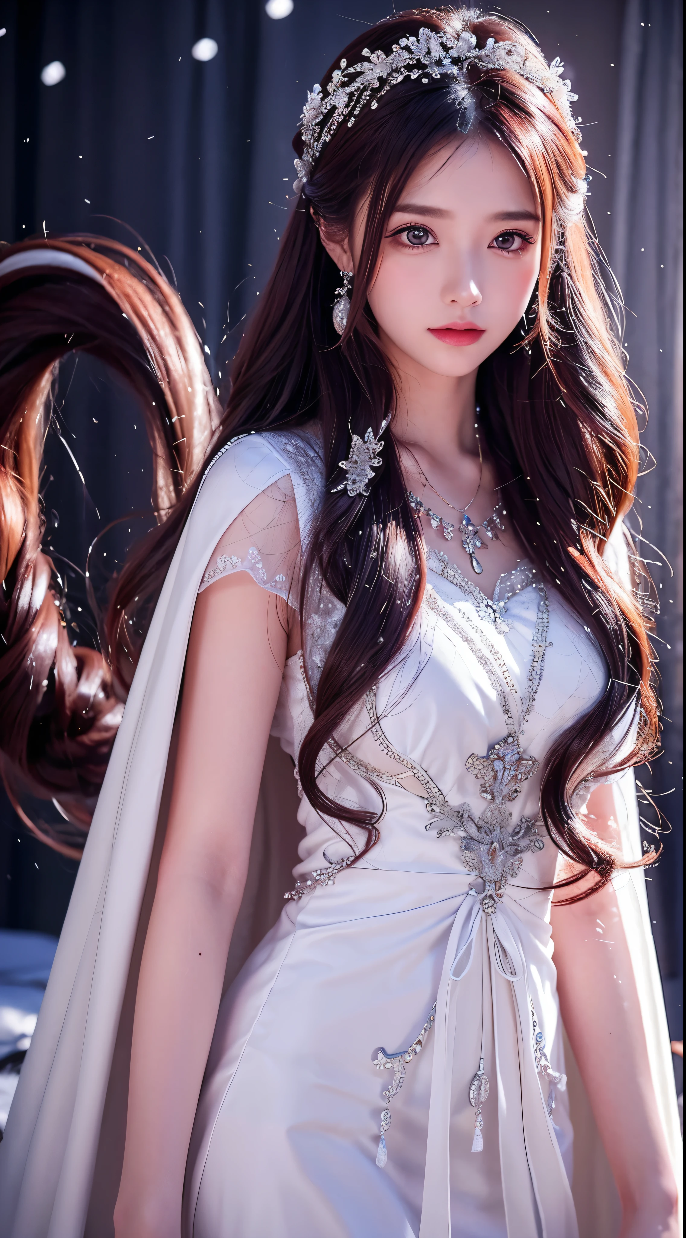 with high definition imageasterpiece、Highest quality:1.2),1 girl、Upper Body、tail、Big tail、Long chestnut hair、Wavy Hair、greyの目、Detailed eyeulticolored Hair、Circlet、Beaded Necklaces、White Cape、Red dress、grey、snow、Volumetric lighting、Cinematic lighting、Chiaroscuro、