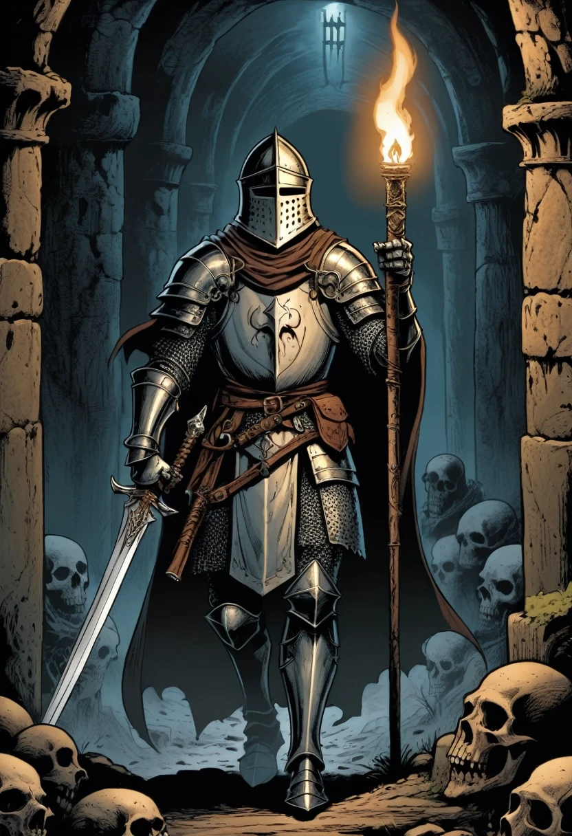 best quality, masterpiece, ultra detailed, a noble knight exploring ancient catacombs, carrying a torch, dark fantasy, medieval, eerie, sword and sorcery, vintage comic book