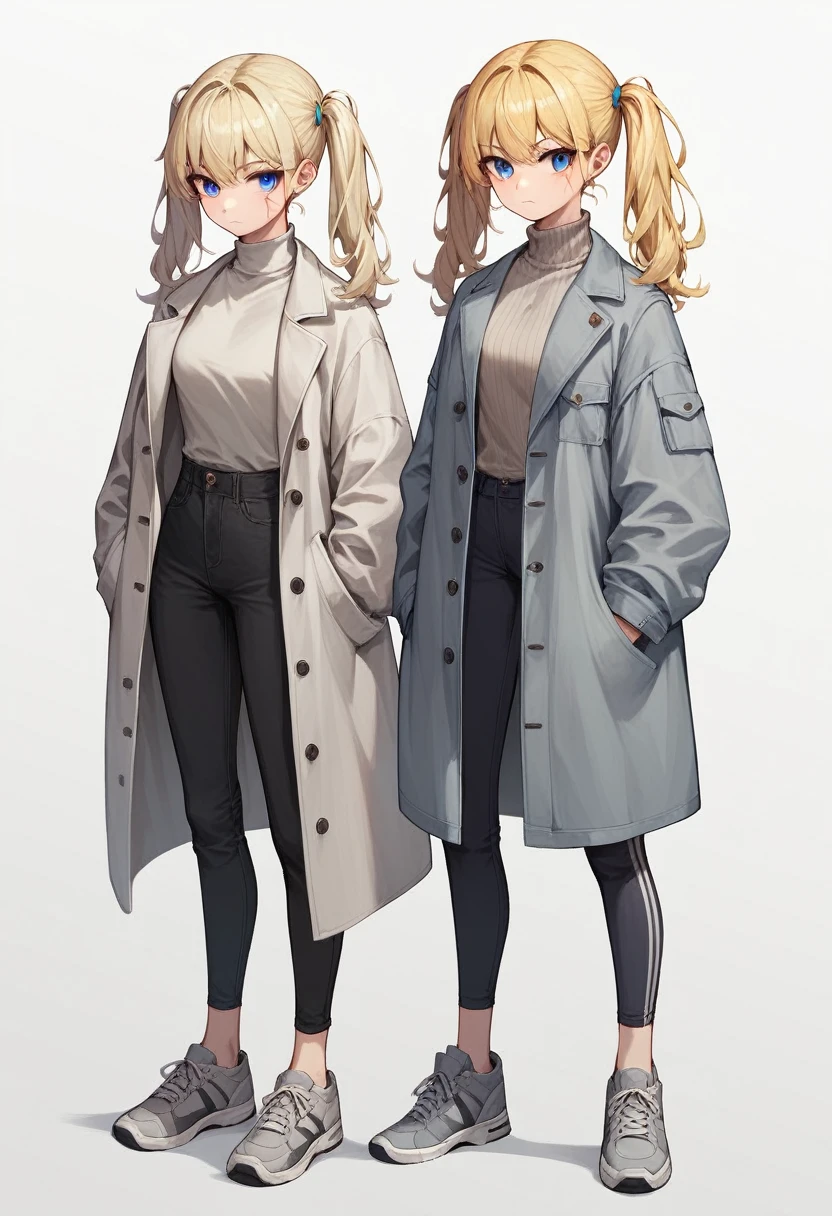1 girl, blonde hair tied into two small ponytails, blue eye color, scar on his left eye, black wide-legged pants, gray sneakers with white laces, grey turtleneck coat, White background, standing straight