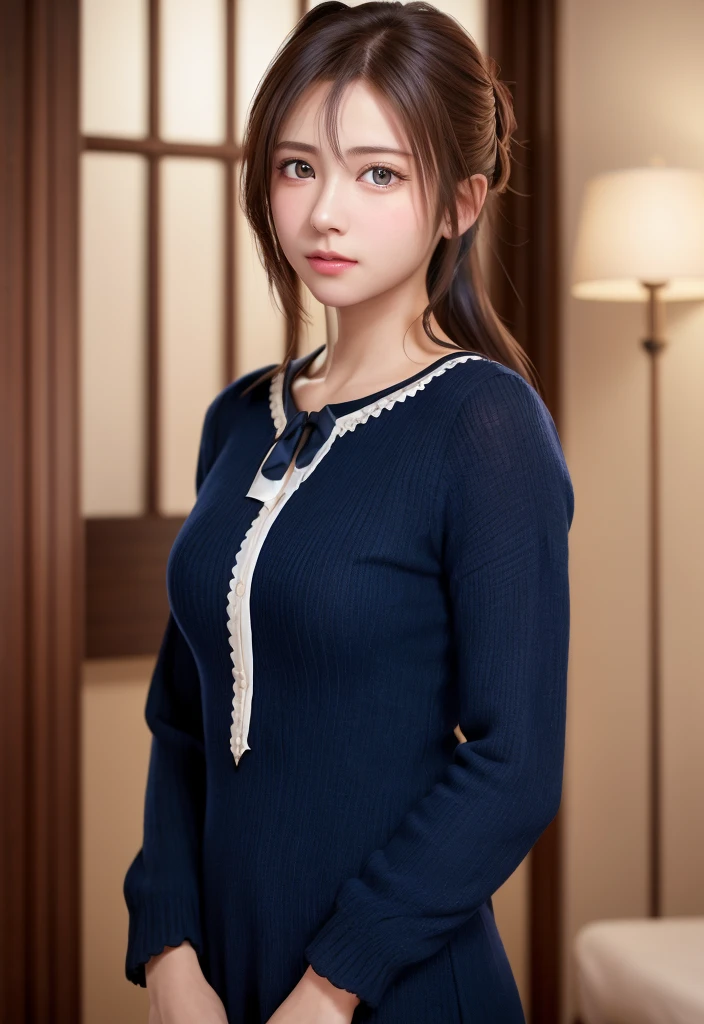 8K, of the highest quality, masutepiece:1.2), (Realistic, Photorealsitic:1.37), of the highest quality, masutepiece, Beautiful young woman, Pensive expression,、A charming、and an inviting look, Cute Maid Clothes, Hair tied back, Cinematic background, Light skin tone