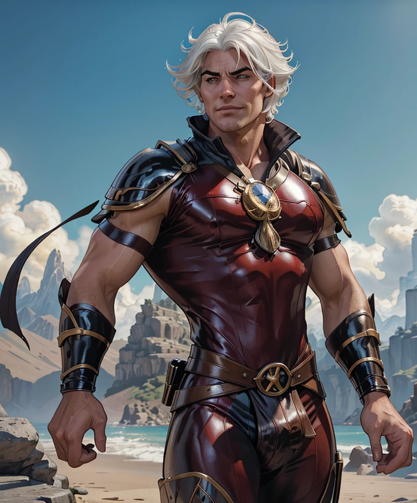 (((Luxurious white hair and sexy smirk.))) (((18 years old.))) (((18yo.))) (((Cute smirk.))) (((Single character image.))) (((1boy))) (((Looks like beefcake male fantasy character.))) Create an enchanting AI-generated image of a charismatic and irresistibly attractive man in a high fantasy realm. He should exude rugged, dashing charm that captures the attention of every onlooker, particularly the adoring gazes of countless women. This character must embody thrilling and exciting qualities, but his arrogance should be evident in his posture and expression.  Fantasy art.  Fantasy character.  He is expressive and has a lot of personality.  Has the body of a male model and a perfect male physique.


 dungeons & dragons, fantasy adventurer, fantasy NPC, attractive male in his mid 20's, ultra detailed, epic masterpiece, ultra detailed, intricate details, digital art, unreal engine, 8k, ultra HD, centered image award winning, fantasy art concept, digital art, centered image, flirting with viewer, best quality:1.0,hyperealistic:1.0,photorealistic:1.0,madly detailed CG unity 8k wallpaper:1.0,masterpiece:1.3,madly detailed photo:1.2, hyper-realistic lifelike texture:1.4, picture-perfect:1.0,8k, HQ,best quality:1.0,

 best quality:1.0,hyperealistic:1.0,photorealistic:1.0,madly detailed CG unity 8k wallpaper:1.0,masterpiece:1.3,madly detailed photo:1.2, hyper-realistic lifelike texture:1.4, picture-perfect:1.0,8k, HQ,best quality:1.0,


