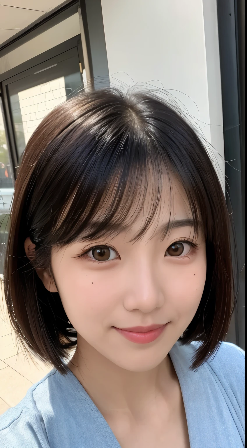 Woman in her 30s with a shortcut　Highest quality　The image is a little grainy.　Perfect dynamic composition, Beautiful attention to detail,　summer服　summer　short hair　D Cup　Look away a little　Make the nose a little smaller　　　Mole on chest　smile　A pimple on the face　Weight is 50 kg