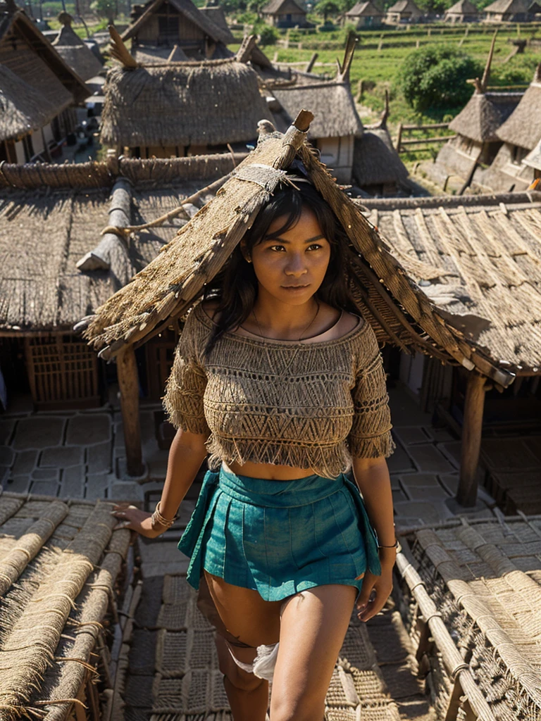 ((best quality)), ((masterpiece)), large crowd of tibe woman wearing shorts tribe skirts walking between thatched-roof houses. The background shows rows of houses or buildings whose roofs are made of natural materials such as straw or thatch, which gives the impression of a traditional village or settlement. The atmosphere of this image looks like a parade or special event involving many female participants.