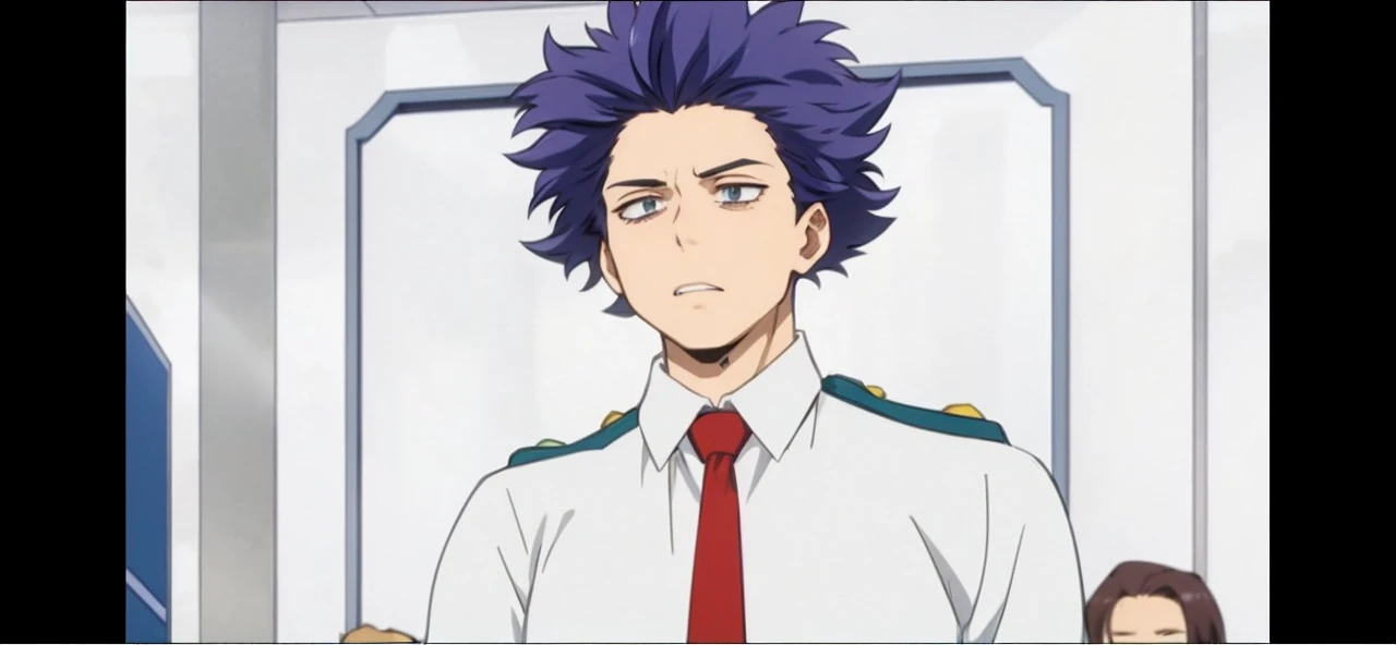 A purple-haired school boy in a white t-shirt and blue pants in a shopping centre